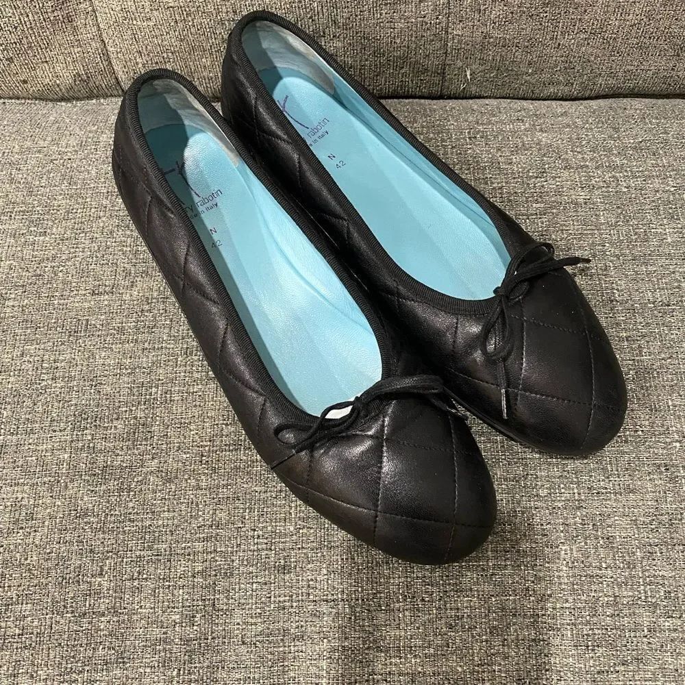 Thierry Rabotin Black Leather Quilted Ballets Flats Women Size EU 42